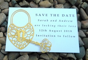 Gold love lock save the date